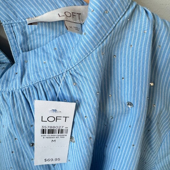 NWT Loft Blue White Striped Short Puff Sleeve Blouse Glitter Dots Cottagecore - Picture 15 of 15